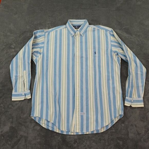 Vintage Ralph Lauren Shirt‎ Mens Blue White Wide Stripe Camp 90s READ Coastal - Picture 1 of 12